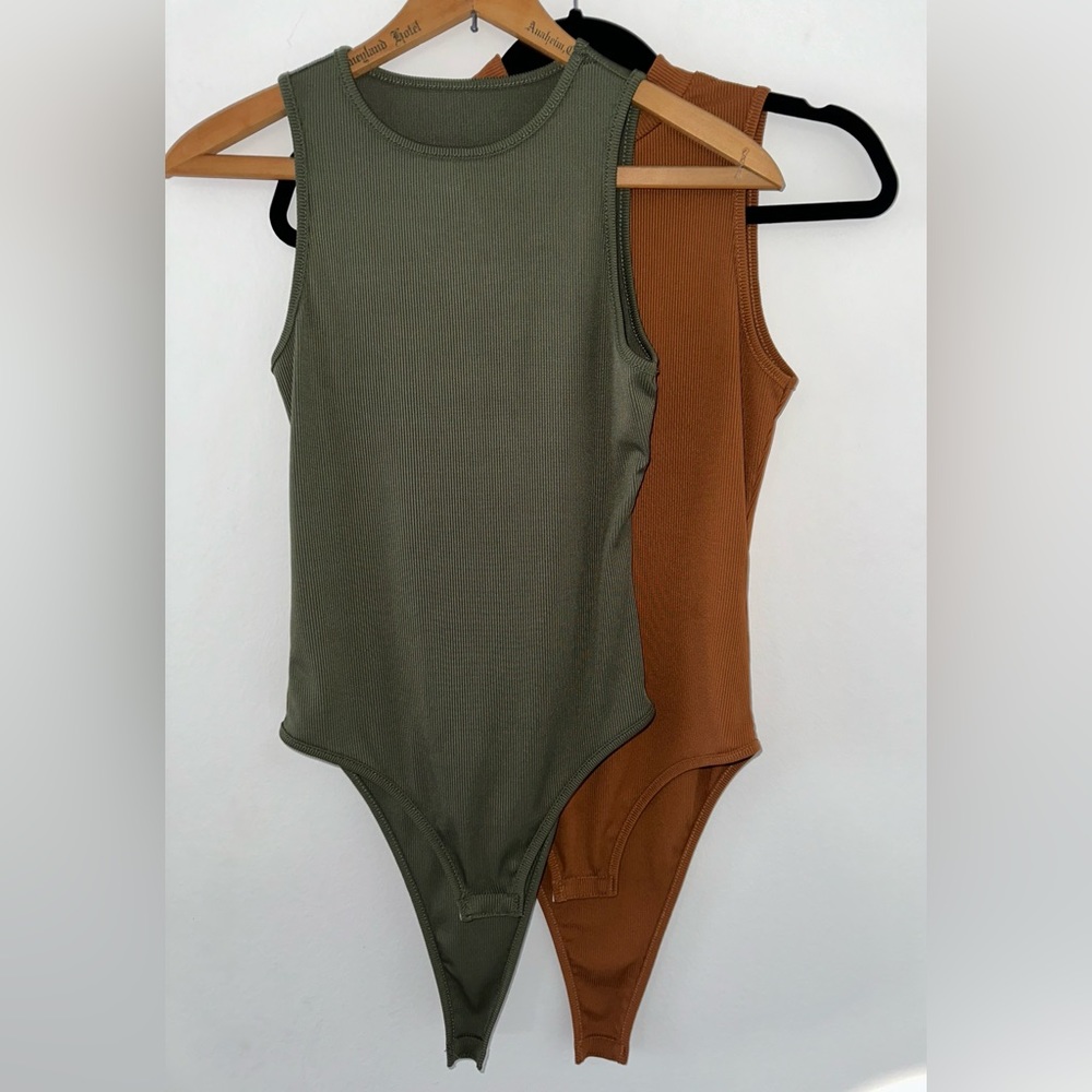 Copper and olive green bodysuits